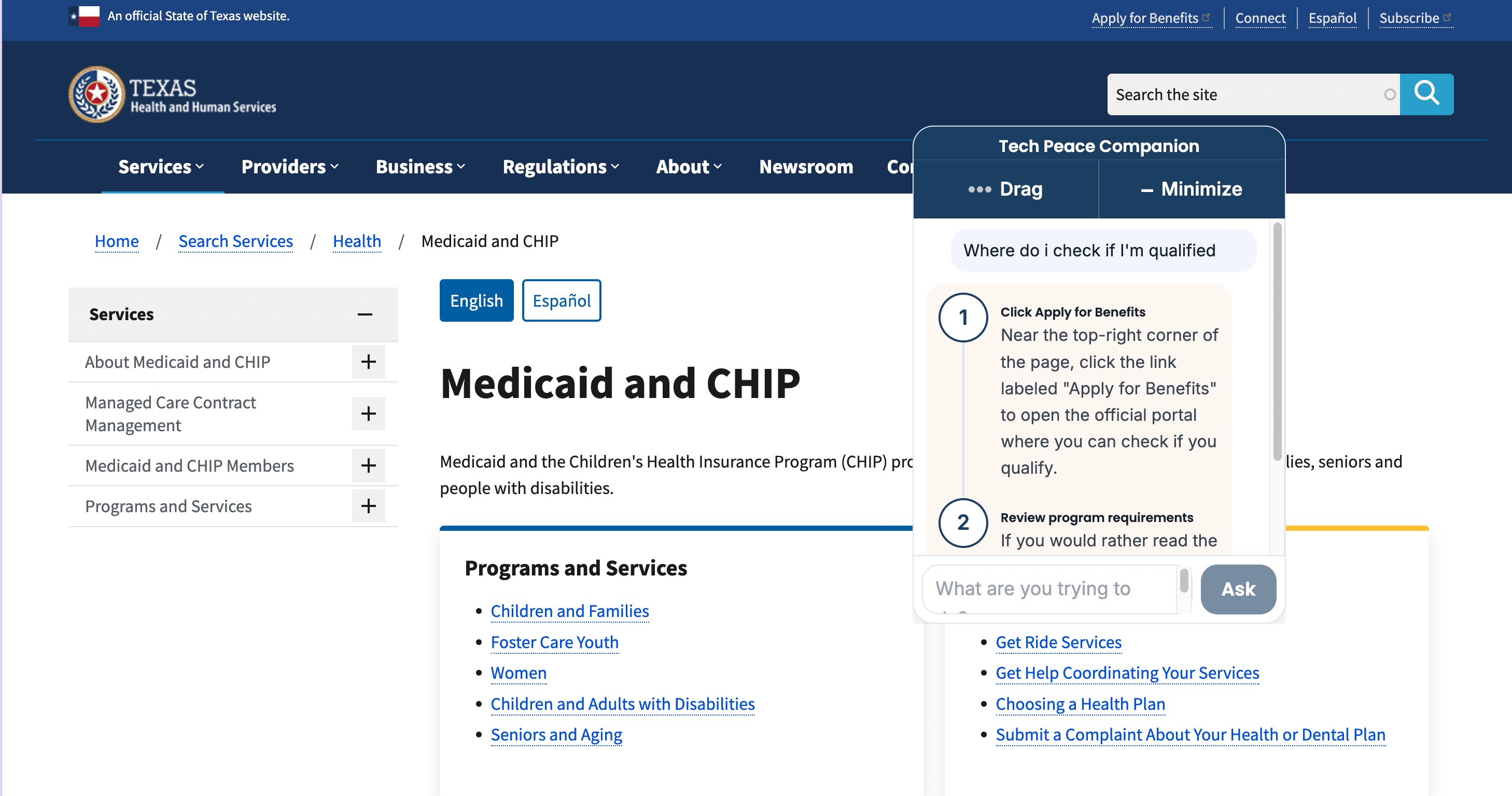The Tech Peace Online Companion widget open on the Texas Health and Human Services Medicaid and CHIP page, answering 'Where do I check if I'm qualified' with a step to click Apply for Benefits