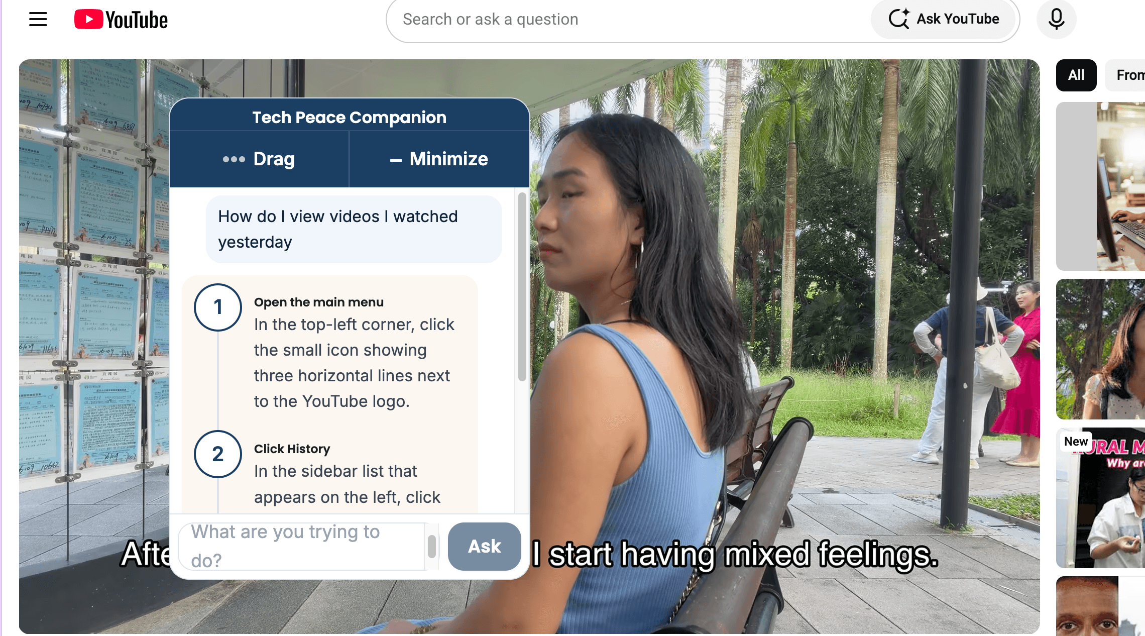 The Tech Peace Online Companion widget open on a YouTube video page, answering the question 'How do I view videos I watched yesterday' with numbered steps to open the main menu and click History